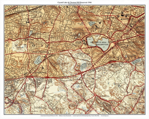 Crystal Lake and Chestnut Hill Reservoir 1946 - Custom USGS Old Topo Map - Massachusetts 7x7 Custom - Lakes Not Quabbin