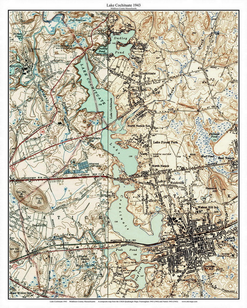 Lake Cochituate 1943 - Custom USGS Old Topo Map - Massachusetts 7x7 Custom - Lakes Not Quabbin