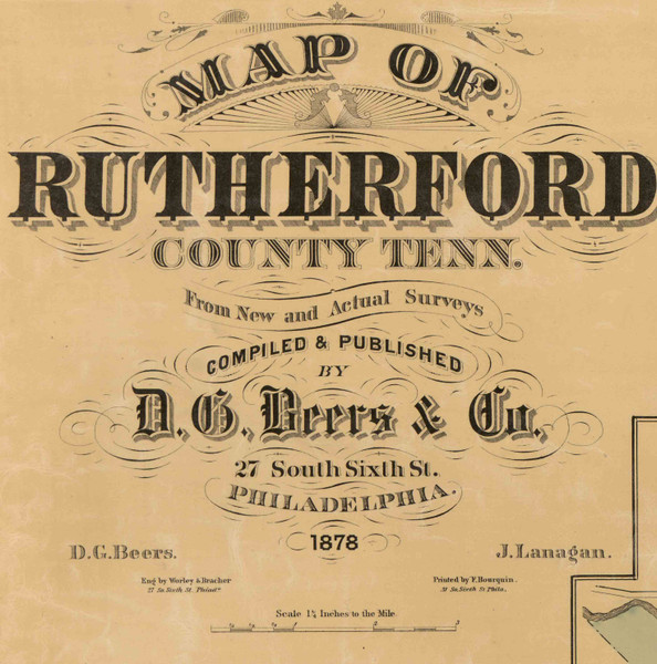 Map Cartouche, Rutherford Co. Tennessee 1878 Old Town Map Custom Print