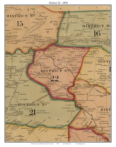 District 22, Tennessee 1878 Old Town Map Custom Print Rutherford Co.