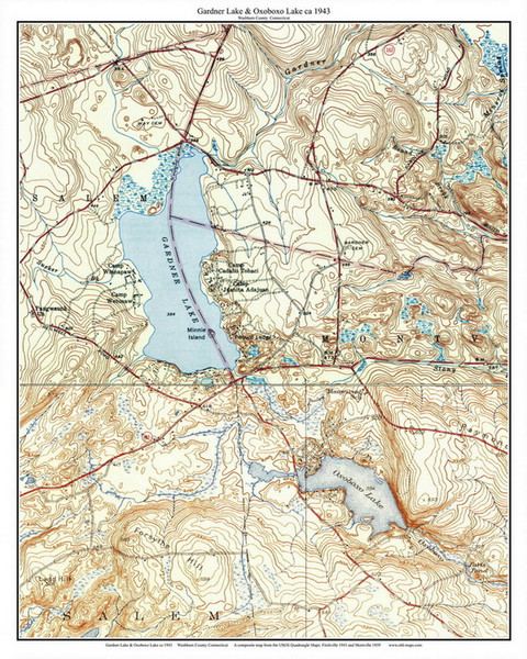 Gardner Lake & Oxoboro Lake 1943 - Custom USGS Old Topo Map - Connecticut
