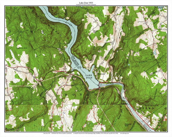 Lake Zoar 1953 - Custom USGS Old Topo Map - Connecticut