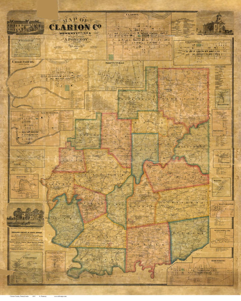 Clarion County Pennsylvania 1865 Color - Old Map Reprint
