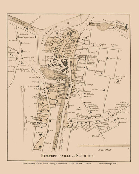 Seymour Village, Connecticut 1856 New Haven Co. - Old Map Custom Print
