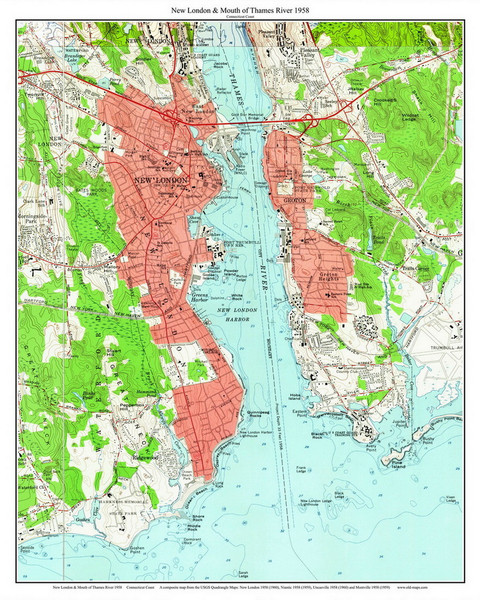 New London & Thames River Mouth - Groton Heights - Harkness Park 1958 - Custom USGS Old Topo Map - Connecticut