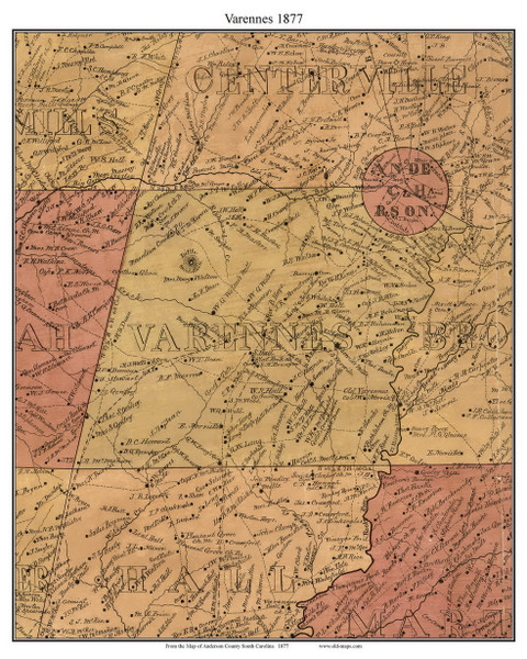 Varennes, South Carolina 1877 Old Town Map Custom Print - Anderson Co.