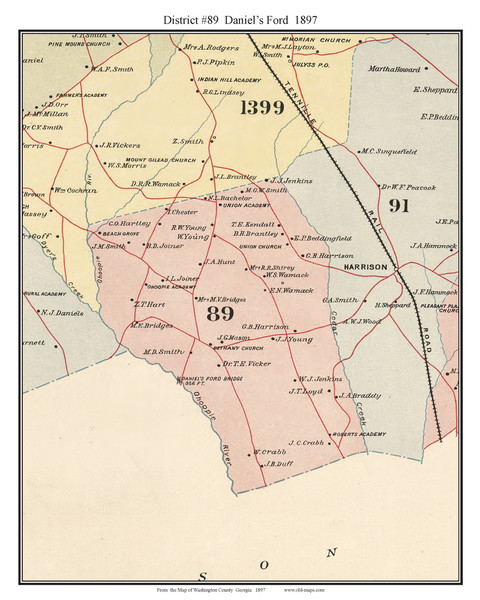 District 89 Daniel's Ford, Georgia 1897 Old Town Map Custom Print - Washington Co.