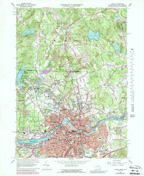 Lowell, Massachusetts 1969 (1988) USGS Old Topo Map Reprint 7x7 MA Quad 350243
