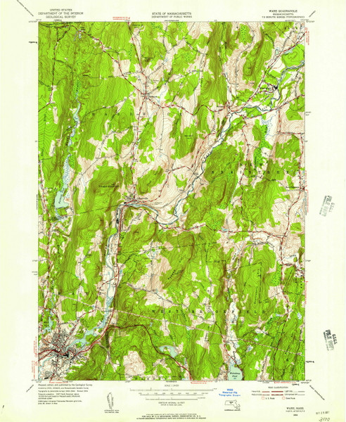 Ware, Massachusetts 1954 (1957) USGS Old Topo Map Reprint 7x7 MA Quad 350676