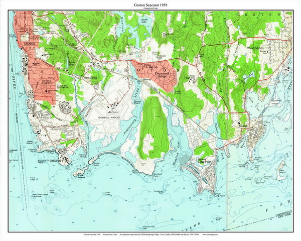 Groton Seacoast - Bushey Point Beach - Bluff Point - 7x7 Coast 21 1958 - Custom USGS Old Topo Map - Connecticut