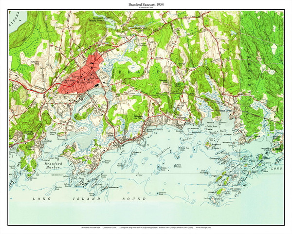 Branford Seacoast - Indian Neck - 7x7 Coast 12 1954 - Custom USGS Old Topo Map - Connecticut