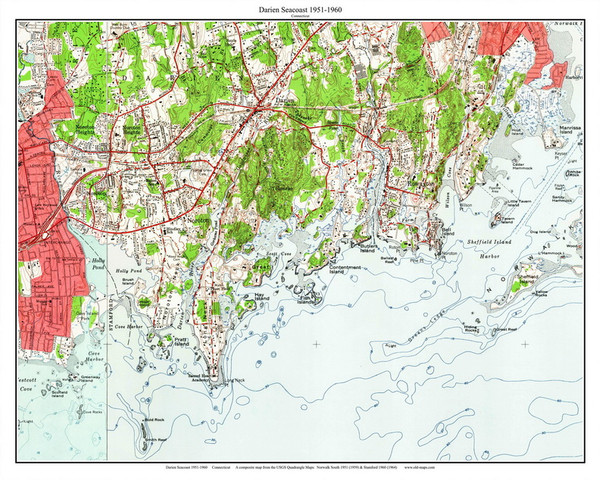 Darien Seacoast - Long Neck - 7x7 Coast 3 1951-1960 - Custom USGS Old Topo Map - Connecticut