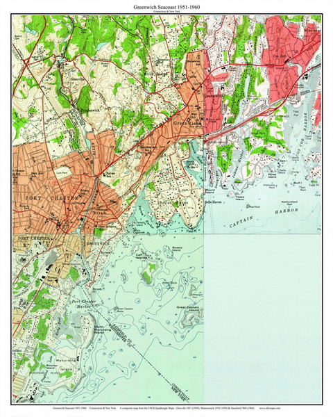 Greenwich Seacoast - Belle Haven - 7x7 Coast 1 1951-1960 - Custom USGS Old Topo Map - Connecticut