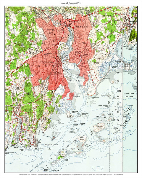 Norwalk Seacoast - Islands - Rowayton - Noroton Point - 7x7 Coast 4 1951 - Custom USGS Old Topo Map - Connecticut