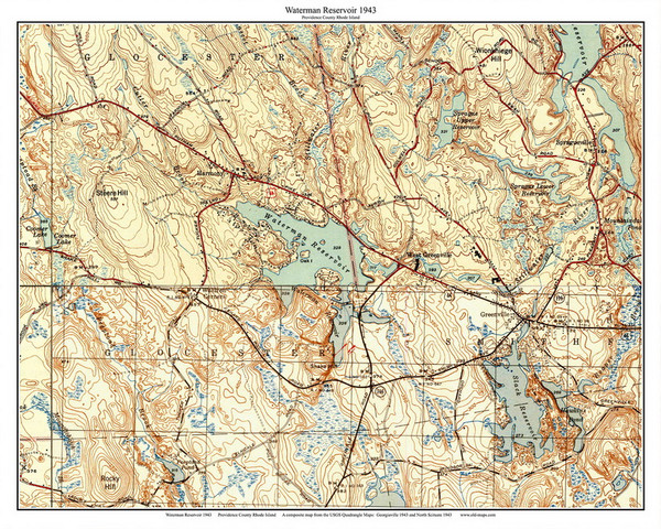Waterman Reservoir 1943 - Custom USGS Old Topo Map - Rhode Island Lakes