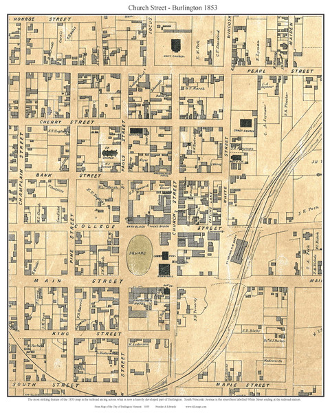 Church Street - Burlington 1853 Presdee & Edwards - Old Map Custom Print - Vermont Towns Other