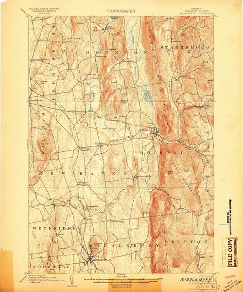 Middlebury, Vermont 1905 () USGS Old Topo Map Reprint 15x15 VT Quad 338065