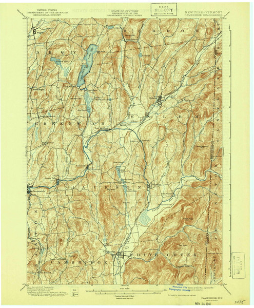 Cambridge, New York 1901 (1941) USGS Old Topo Map Reprint 15x15 VT Quad 123152