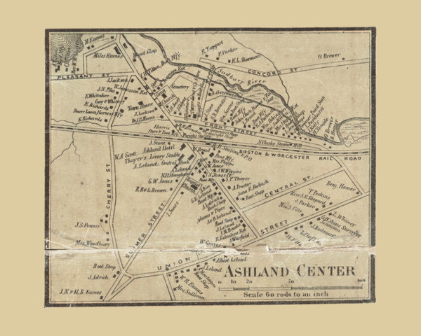Ashland Center Village Massachusetts 1856 Old Town Map Custom Print - Middlesex Co.