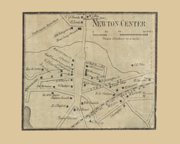 Newton Center Village - Newton Massachusetts 1856 Old Town Map Custom Print - Middlesex Co.