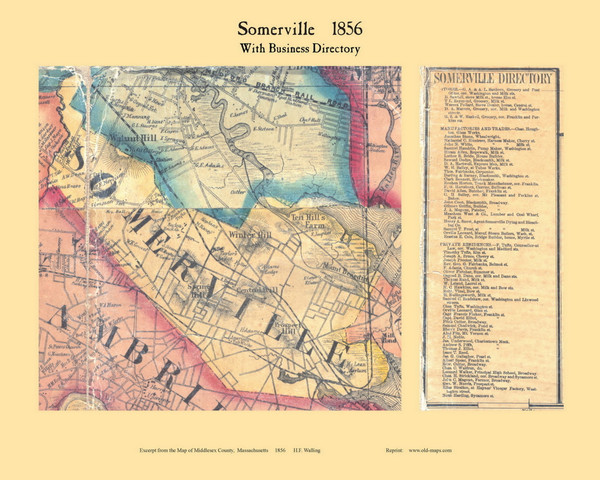 Somerville with Business Directory Massachusetts 1856 Old Town Map Custom Print - Middlesex Co.