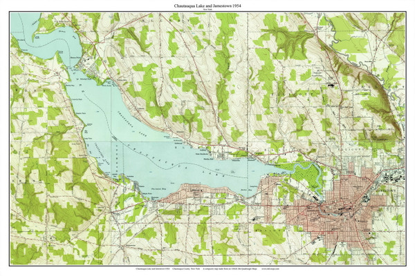 Chautauqua Lake and Jamestown 1954 - Custom USGS Old Topo Map - New York - Lake Erie-Chatauqua