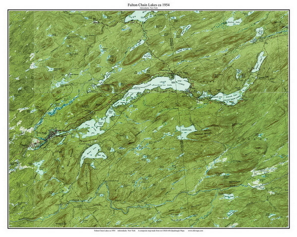 Fulton Chain Lakes 1954 - Custom USGS Old Topo Map - New York - Adirondack Lakes