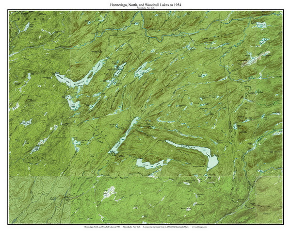 Honnedaga, North, & Woodhull Lakes 1954 - Custom USGS Old Topo Map - New York - Adirondack Lakes