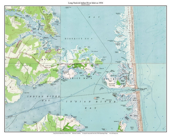 Long Neck and Indian River Inlet 1954 - Custom USGS Old Topo Map - Delaware