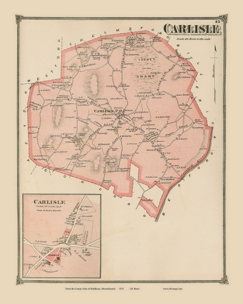 Carlisle and Carlisle Village, Massachusetts 1875 Old Town Map Reprint - Middlesex Co.