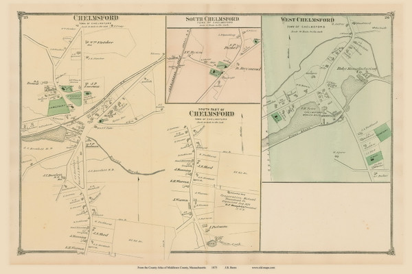 Chelmsford, South Chelmsford and West Chelmsford, Massachusetts 1875 Old Town Map Reprint - Middlesex Co. Chelmsford, South Chelmsford and West Chelmsford, Massachusetts 1875 Old Town Map Reprint - Middlesex Co.