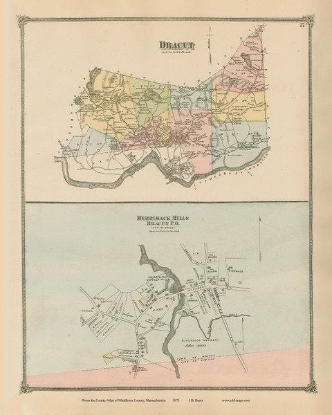Dracut and Merrimack Mills Village, Massachusetts 1875 Old Town Map Reprint - Middlesex Co.