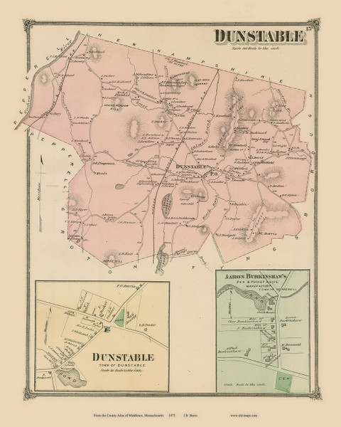 Dunstable and Dunstable Village, Massachusetts 1875 Old Town Map Reprint - Middlesex Co. Dunstable and Dunstable Village, Massachusetts 1875 Old Town Map Reprint - Middlesex Co.