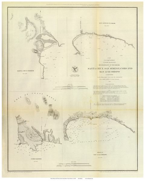 Santa Cruz, San Simeon, Coxo, and San Luis Obispo, 1852 - Old Map Reprint - USA Regional 1854 Coast Survey 11 CA