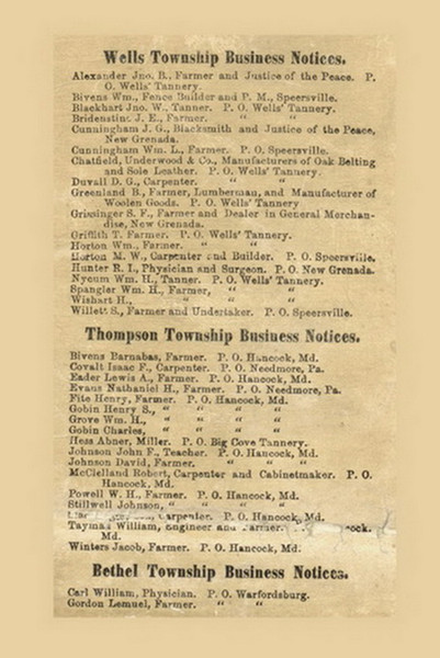 Wells, Thompson and Bethel Business Notices, Pennsylvania 1873 Old Town Map Custom Print - Fulton Co.