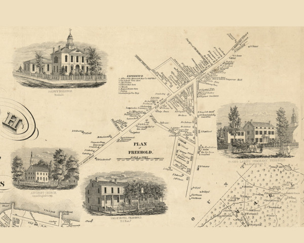 Freehold Plan, New Jersey 1851 Old Town Map Custom Print - Monmouth Co.