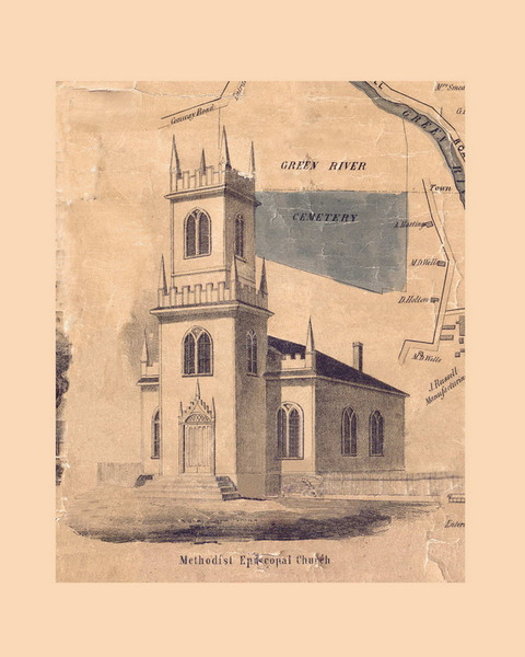 Methodist Episcopal Church - Greenfield Massachusetts 1855 Old Map Custom Print - Excerpt from Greenfield Town Map
