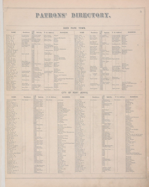 Patrons' Directory - Deer Park, Port Jervis 5, New York 1875 - Old Town Map Reprint - Orange Co. Atlas