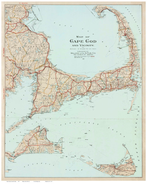 Cape Cod and the Islands 1917 Walker (Light Blue Water) - Old Map Reprint