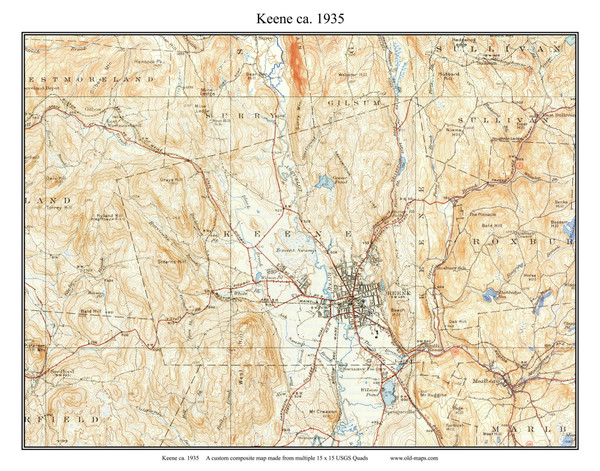 Keene 1935 - Custom USGS Old Topo Map - New Hampshire Cheshire Co. Towns