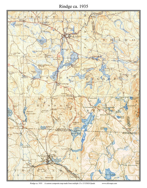 Rindge 1935 - Custom USGS Old Topo Map - New Hampshire Cheshire Co. Towns
