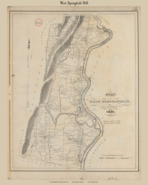West Springfield, Massachusetts 1831 (1982) Old Town Map Reprint - Roads Homeowner Names Place Names Massachusetts Archives