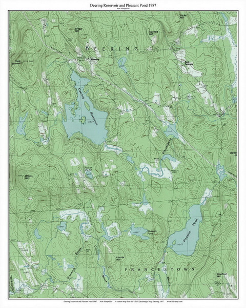 Deering Reservoir and Pleasant Pond 1987 - Custom USGS Old Topo Map - New Hampshire - South West