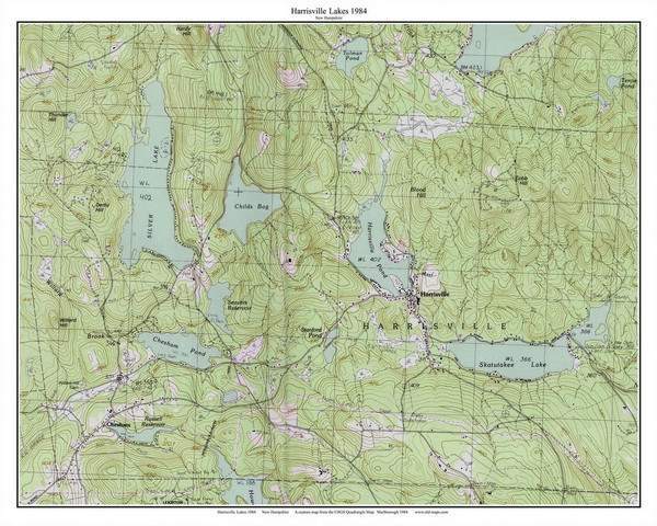 Harrisville Lakes - Silver Lake, Harrisville Pond, Chesham Pond, Skatutakee Lake 1984 - Custom USGS Old Topo Map - New Hampshire - South West