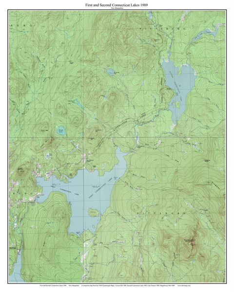First and Second Connecticut Lakes 1989 - Custom USGS Old Topo Map - New Hampshire - CT Lakes