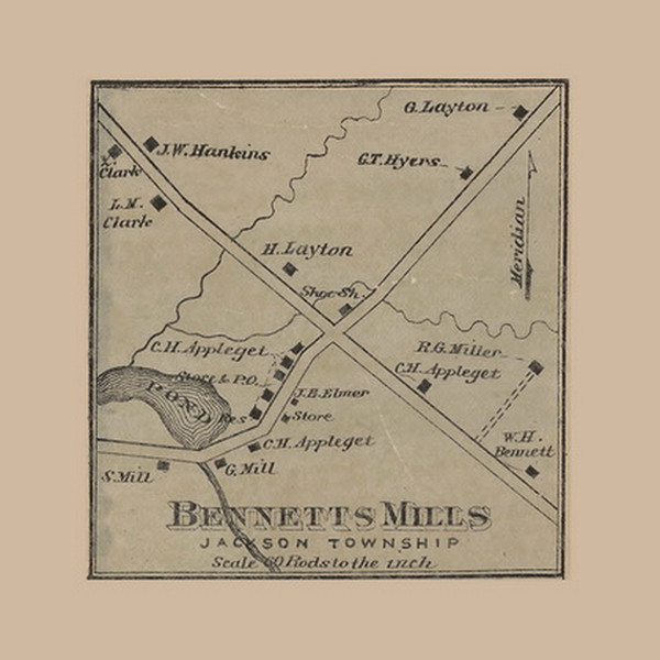 Bennet Mills Village, Jackson, New Jersey 1872 Old Town Map Custom Print - Ocean Co.