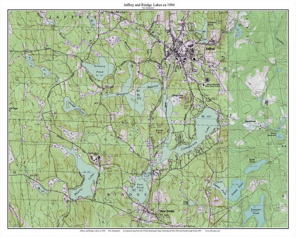 Jaffrey and Rindge Lakes - Gilmore Pond, Contoocook Lake, Pearly Lake, Pool Pond 1984 - Custom USGS Old Topo Map - New Hampshire - South West