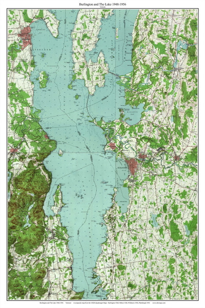 Burlington and The Lake 1948-1956 - Custom USGS Old Topo Map - Vermont - Lake Champlain