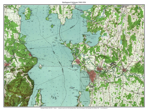 Burlington and Colchester 1948-1956 - Custom USGS Old Topo Map - Vermont