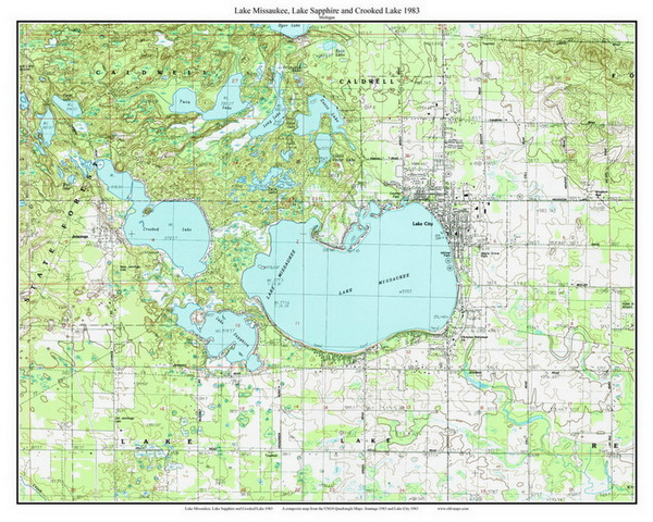 Lake Misaukee, Lake Saphirre and Croooked Lake 1983 - Custom USGS Old Topo Map - Michigan 2
